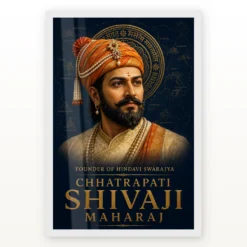 Shivaji Maharaj Founder of Hindavi Swarajya Photo Frame showing a navy-and-gold editorial portrait with fort-map details and Founder of Hindavi Swarajya typography – White Frame Main View