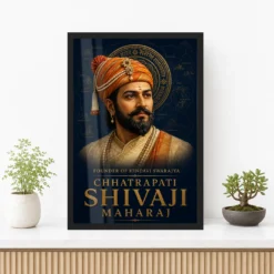 Shivaji Maharaj Founder of Hindavi Swarajya Photo Frame showing a navy-and-gold editorial portrait with fort-map details and Founder of Hindavi Swarajya typography – Premium Console Lifestyle View