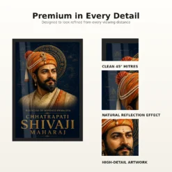 Shivaji Maharaj Founder of Hindavi Swarajya Photo Frame showing a navy-and-gold editorial portrait with fort-map details and Founder of Hindavi Swarajya typography – Frame and Print Detail View
