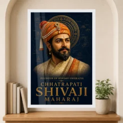 Shivaji Maharaj Founder of Hindavi Swarajya Photo Frame showing a navy-and-gold editorial portrait with fort-map details and Founder of Hindavi Swarajya typography – Premium Reading Niche View