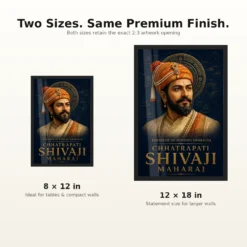 Shivaji Maharaj Founder of Hindavi Swarajya Photo Frame showing a navy-and-gold editorial portrait with fort-map details and Founder of Hindavi Swarajya typography – 8×12 and 12×18 Inch Size Guide