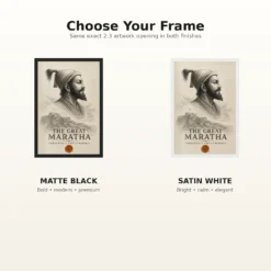 Shivaji Maharaj The Great Maratha Engraving Photo Frame 16 Shivaji Maharaj The Great Maratha Engraving Photo Frame showing a museum-style monochrome engraving with Raigad fort and a saffron wax-seal accent – Black and White Frame Options