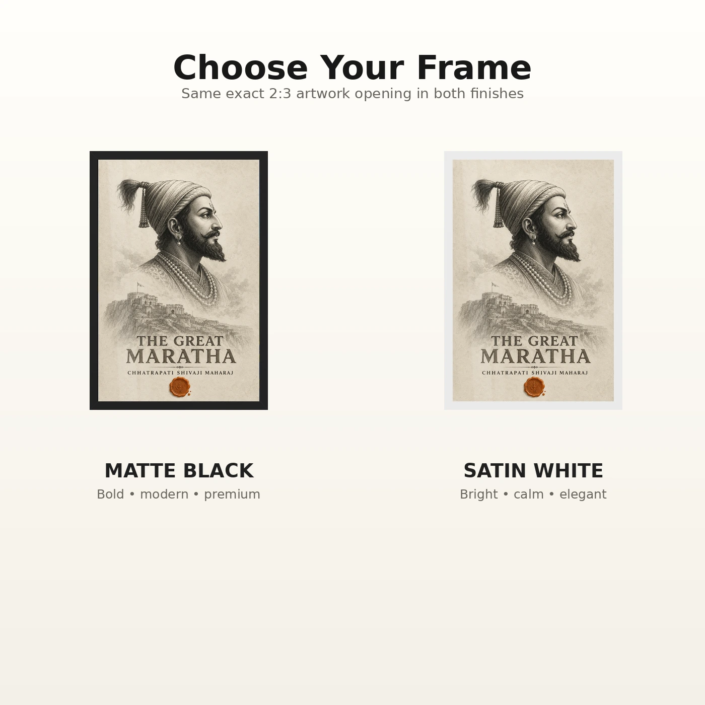Shivaji Maharaj The Great Maratha Engraving Photo Frame 7 Shivaji Maharaj The Great Maratha Engraving Photo Frame showing a museum-style monochrome engraving with Raigad fort and a saffron wax-seal accent – Black and White Frame Options