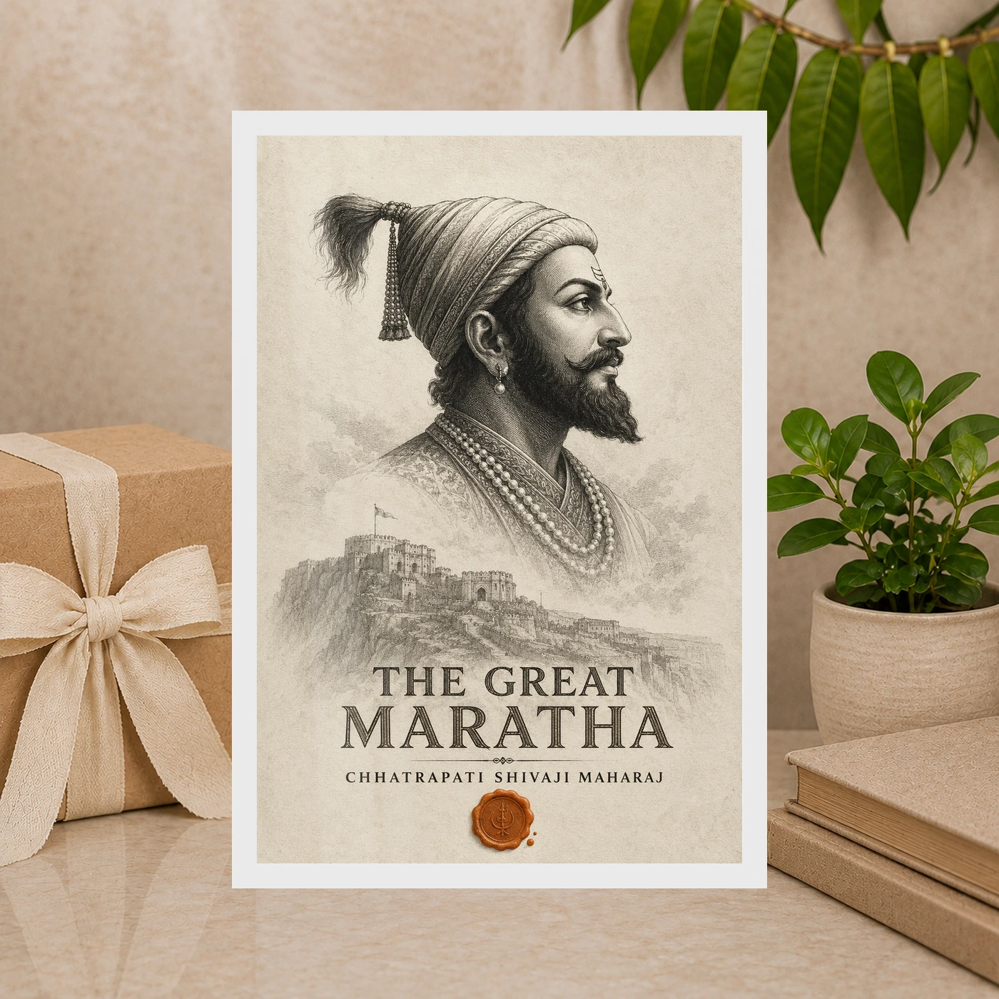 Shivaji Maharaj The Great Maratha Engraving Photo Frame 10 Shivaji Maharaj The Great Maratha Engraving Photo Frame showing a museum-style monochrome engraving with Raigad fort and a saffron wax-seal accent – Premium Gift Display View