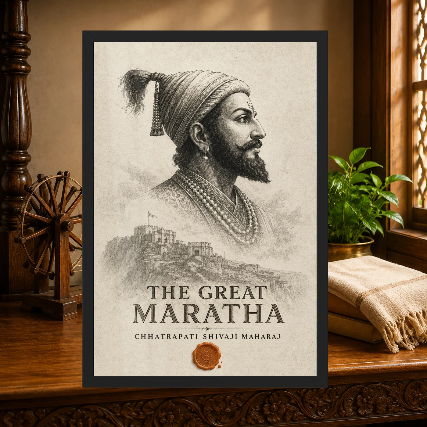 Shivaji Maharaj The Great Maratha Engraving Photo Frame 4 Shivaji Maharaj The Great Maratha Engraving Photo Frame showing a museum-style monochrome engraving with Raigad fort and a saffron wax-seal accent – Heritage Study Lifestyle View