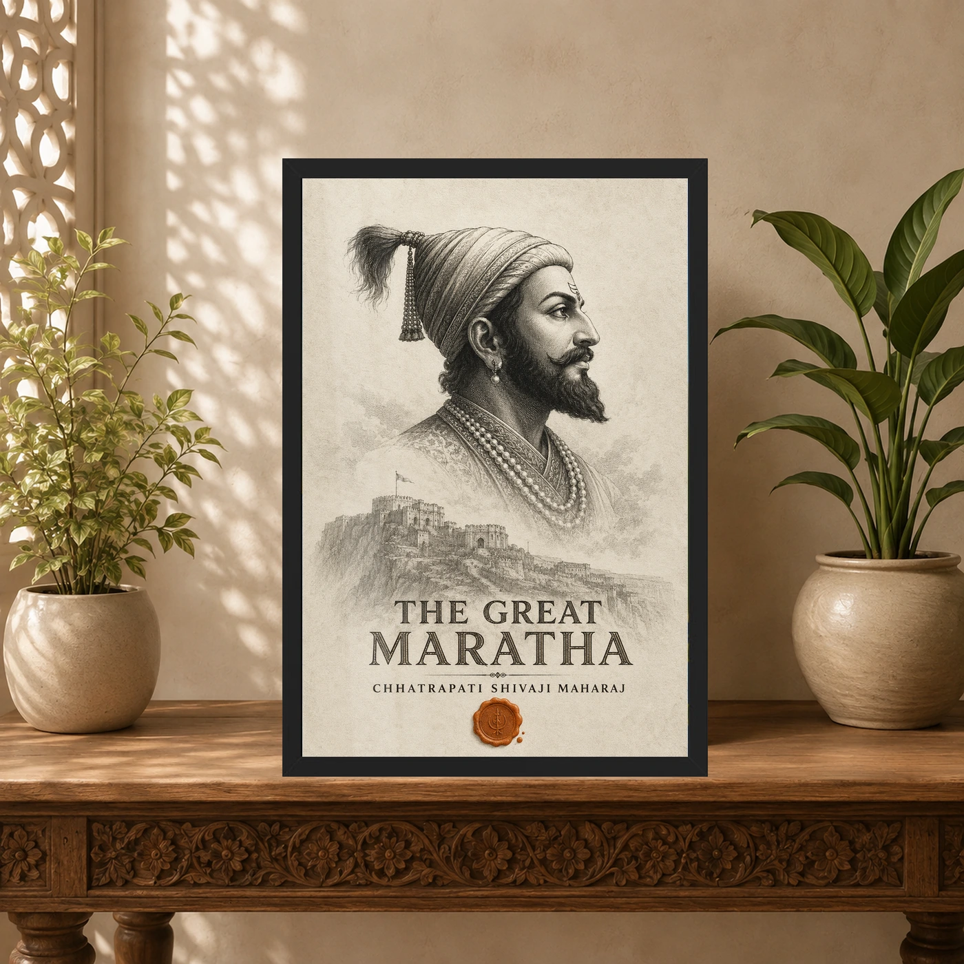 Shivaji Maharaj The Great Maratha Engraving Photo Frame 5 Shivaji Maharaj The Great Maratha Engraving Photo Frame showing a museum-style monochrome engraving with Raigad fort and a saffron wax-seal accent – Indian Carved Console View
