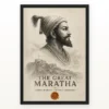 Shivaji Maharaj The Great Maratha Engraving Photo Frame showing a museum-style monochrome engraving with Raigad fort and a saffron wax-seal accent – Black Frame Main View