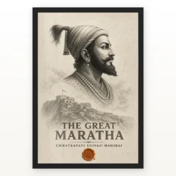 Shivaji Maharaj The Great Maratha Engraving Photo Frame showing a museum-style monochrome engraving with Raigad fort and a saffron wax-seal accent – Black Frame Main View