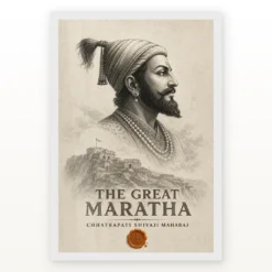 Shivaji Maharaj The Great Maratha Engraving Photo Frame showing a museum-style monochrome engraving with Raigad fort and a saffron wax-seal accent – White Frame Main View