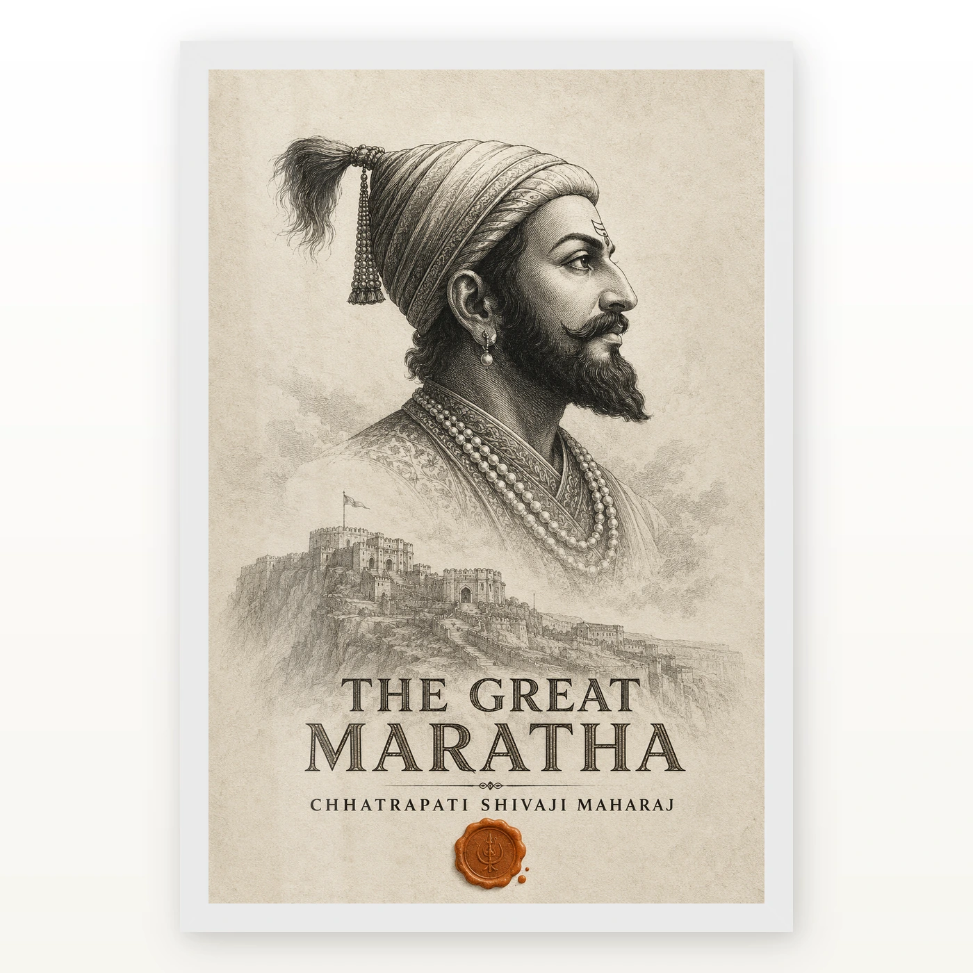 Shivaji Maharaj The Great Maratha Engraving Photo Frame 2 Shivaji Maharaj The Great Maratha Engraving Photo Frame showing a museum-style monochrome engraving with Raigad fort and a saffron wax-seal accent – White Frame Main View