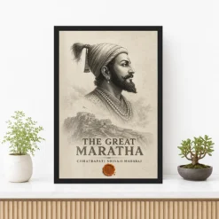 Shivaji Maharaj The Great Maratha Engraving Photo Frame 12 Shivaji Maharaj The Great Maratha Engraving Photo Frame showing a museum-style monochrome engraving with Raigad fort and a saffron wax-seal accent – Premium Console Lifestyle View
