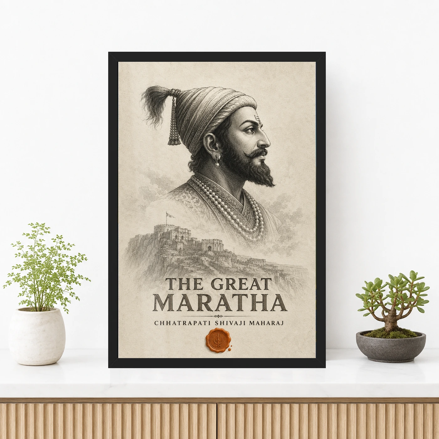 Shivaji Maharaj The Great Maratha Engraving Photo Frame 3 Shivaji Maharaj The Great Maratha Engraving Photo Frame showing a museum-style monochrome engraving with Raigad fort and a saffron wax-seal accent – Premium Console Lifestyle View