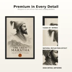 Shivaji Maharaj The Great Maratha Engraving Photo Frame 18 Shivaji Maharaj The Great Maratha Engraving Photo Frame showing a museum-style monochrome engraving with Raigad fort and a saffron wax-seal accent – Frame and Print Detail View