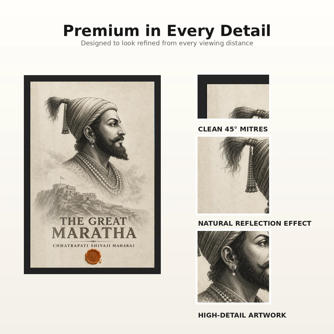 Shivaji Maharaj The Great Maratha Engraving Photo Frame 9 Shivaji Maharaj The Great Maratha Engraving Photo Frame showing a museum-style monochrome engraving with Raigad fort and a saffron wax-seal accent – Frame and Print Detail View