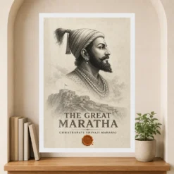 Shivaji Maharaj The Great Maratha Engraving Photo Frame 15 Shivaji Maharaj The Great Maratha Engraving Photo Frame showing a museum-style monochrome engraving with Raigad fort and a saffron wax-seal accent – Premium Reading Niche View