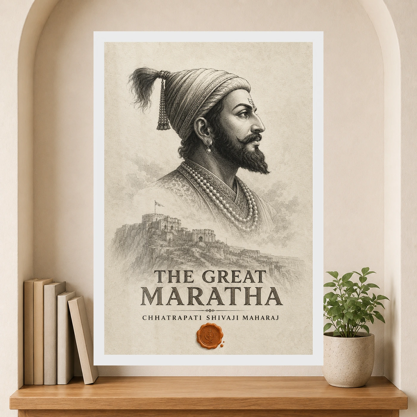 Shivaji Maharaj The Great Maratha Engraving Photo Frame 6 Shivaji Maharaj The Great Maratha Engraving Photo Frame showing a museum-style monochrome engraving with Raigad fort and a saffron wax-seal accent – Premium Reading Niche View