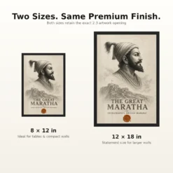 Shivaji Maharaj The Great Maratha Engraving Photo Frame 17 Shivaji Maharaj The Great Maratha Engraving Photo Frame showing a museum-style monochrome engraving with Raigad fort and a saffron wax-seal accent – 8×12 and 12×18 Inch Size Guide