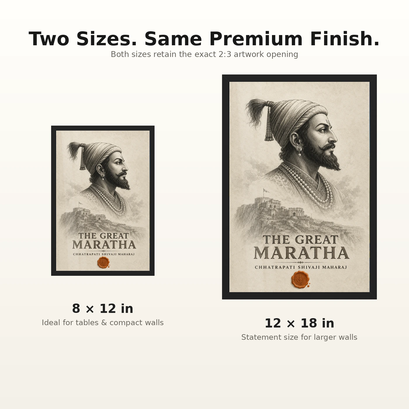 Shivaji Maharaj The Great Maratha Engraving Photo Frame 8 Shivaji Maharaj The Great Maratha Engraving Photo Frame showing a museum-style monochrome engraving with Raigad fort and a saffron wax-seal accent – 8×12 and 12×18 Inch Size Guide
