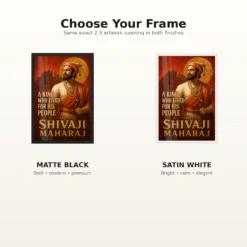 Shivaji Maharaj King Who Lived for His People Photo Frame showing a Maratha-red mural portrait with Raigad fort and the message A King Who Lived for His People – Black and White Frame Options