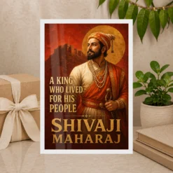 Shivaji Maharaj King Who Lived for His People Photo Frame showing a Maratha-red mural portrait with Raigad fort and the message A King Who Lived for His People – Premium Gift Display View