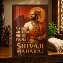 Shivaji Maharaj King Who Lived for His People Photo Frame showing a Maratha-red mural portrait with Raigad fort and the message A King Who Lived for His People – Heritage Study Lifestyle View