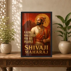 Shivaji Maharaj King Who Lived for His People Photo Frame showing a Maratha-red mural portrait with Raigad fort and the message A King Who Lived for His People – Indian Carved Console View