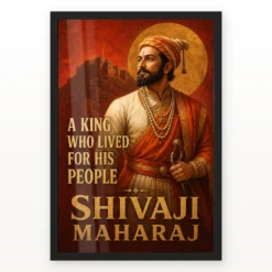 Shivaji Maharaj King Who Lived for His People Photo Frame showing a Maratha-red mural portrait with Raigad fort and the message A King Who Lived for His People – Black Frame Main View