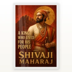 Shivaji Maharaj King Who Lived for His People Photo Frame showing a Maratha-red mural portrait with Raigad fort and the message A King Who Lived for His People – White Frame Main View