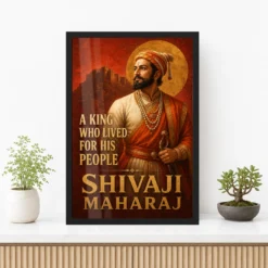 Shivaji Maharaj King Who Lived for His People Photo Frame showing a Maratha-red mural portrait with Raigad fort and the message A King Who Lived for His People – Premium Console Lifestyle View