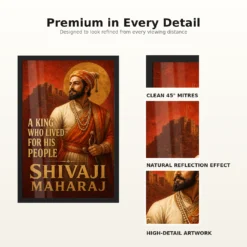Shivaji Maharaj King Who Lived for His People Photo Frame showing a Maratha-red mural portrait with Raigad fort and the message A King Who Lived for His People – Frame and Print Detail View
