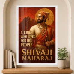 Shivaji Maharaj King Who Lived for His People Photo Frame showing a Maratha-red mural portrait with Raigad fort and the message A King Who Lived for His People – Premium Reading Niche View