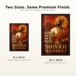 Shivaji Maharaj King Who Lived for His People Photo Frame showing a Maratha-red mural portrait with Raigad fort and the message A King Who Lived for His People – 8×12 and 12×18 Inch Size Guide