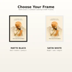 Shivaji Maharaj Leadership Courage Justice Photo Frame showing a refined ivory watercolor portrait with Raigad line art and a leadership message – Black and White Frame Options