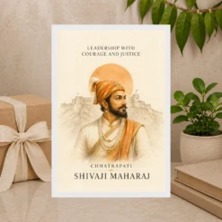 Shivaji Maharaj Leadership Courage Justice Photo Frame showing a refined ivory watercolor portrait with Raigad line art and a leadership message – Premium Gift Display View