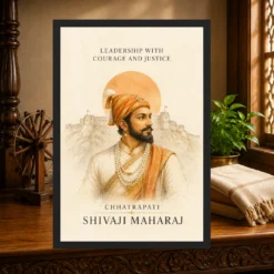 Shivaji Maharaj Leadership Courage Justice Photo Frame showing a refined ivory watercolor portrait with Raigad line art and a leadership message – Heritage Study Lifestyle View