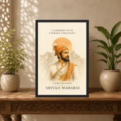 Shivaji Maharaj Leadership Courage Justice Photo Frame showing a refined ivory watercolor portrait with Raigad line art and a leadership message – Indian Carved Console View