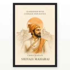 Shivaji Maharaj Leadership Courage Justice Photo Frame showing a refined ivory watercolor portrait with Raigad line art and a leadership message – Black Frame Main View