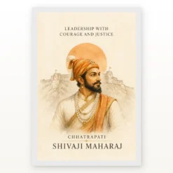 Shivaji Maharaj Leadership Courage Justice Photo Frame showing a refined ivory watercolor portrait with Raigad line art and a leadership message – White Frame Main View