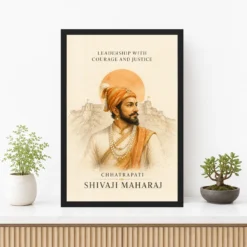 Shivaji Maharaj Leadership Courage Justice Photo Frame showing a refined ivory watercolor portrait with Raigad line art and a leadership message – Premium Console Lifestyle View