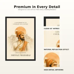 Shivaji Maharaj Leadership Courage Justice Photo Frame showing a refined ivory watercolor portrait with Raigad line art and a leadership message – Frame and Print Detail View