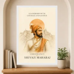 Shivaji Maharaj Leadership Courage Justice Photo Frame showing a refined ivory watercolor portrait with Raigad line art and a leadership message – Premium Reading Niche View