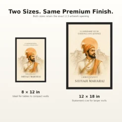 Shivaji Maharaj Leadership Courage Justice Photo Frame showing a refined ivory watercolor portrait with Raigad line art and a leadership message – 8×12 and 12×18 Inch Size Guide