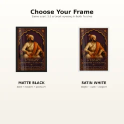 Shivaji Maharaj Legacy Beyond the Crown Photo Frame showing an illuminated-manuscript royal portrait with the message A Legacy Beyond the Crown – Black and White Frame Options