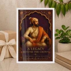Shivaji Maharaj Legacy Beyond the Crown Photo Frame showing an illuminated-manuscript royal portrait with the message A Legacy Beyond the Crown – Premium Gift Display View