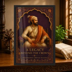 Shivaji Maharaj Legacy Beyond the Crown Photo Frame showing an illuminated-manuscript royal portrait with the message A Legacy Beyond the Crown – Heritage Study Lifestyle View