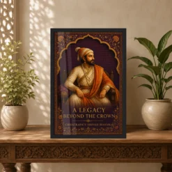 Shivaji Maharaj Legacy Beyond the Crown Photo Frame showing an illuminated-manuscript royal portrait with the message A Legacy Beyond the Crown – Indian Carved Console View