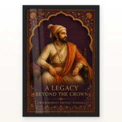Shivaji Maharaj Legacy Beyond the Crown Photo Frame showing an illuminated-manuscript royal portrait with the message A Legacy Beyond the Crown – Black Frame Main View