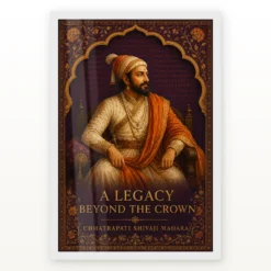 Shivaji Maharaj Legacy Beyond the Crown Photo Frame showing an illuminated-manuscript royal portrait with the message A Legacy Beyond the Crown – White Frame Main View