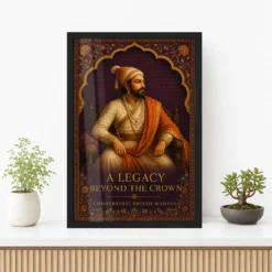 Shivaji Maharaj Legacy Beyond the Crown Photo Frame showing an illuminated-manuscript royal portrait with the message A Legacy Beyond the Crown – Premium Console Lifestyle View