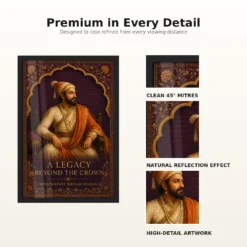 Shivaji Maharaj Legacy Beyond the Crown Photo Frame showing an illuminated-manuscript royal portrait with the message A Legacy Beyond the Crown – Frame and Print Detail View